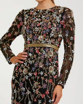 Black Embellished Mesh Long Sleeve Gown